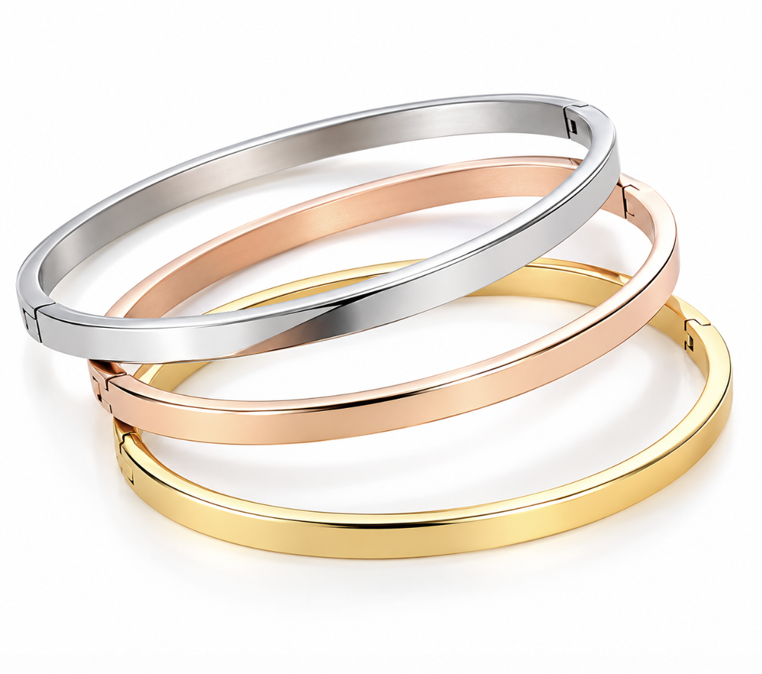 Set of 3 Stainless Steel Bangles: Gold, Rose Gold and Silver