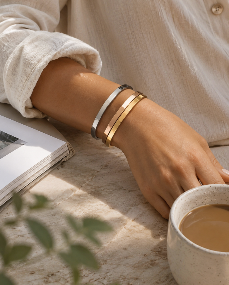 Set of 3 Stainless Steel Bangles: Gold, Rose Gold and Silver - Image 2