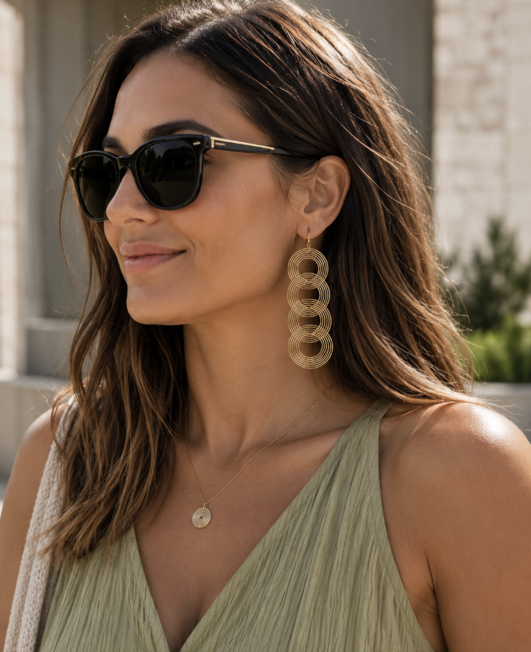 Gold Colour Spiral Circles in Circles Drop Earrings - Image 2