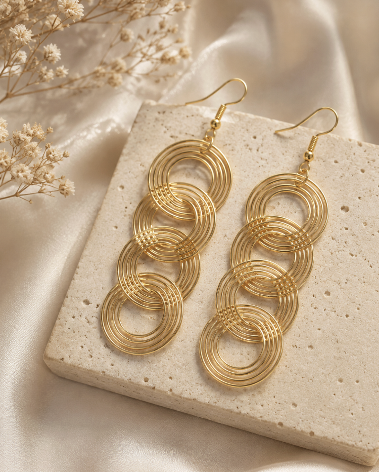 Gold Colour Spiral Circles in Circles Drop Earrings - Image 3