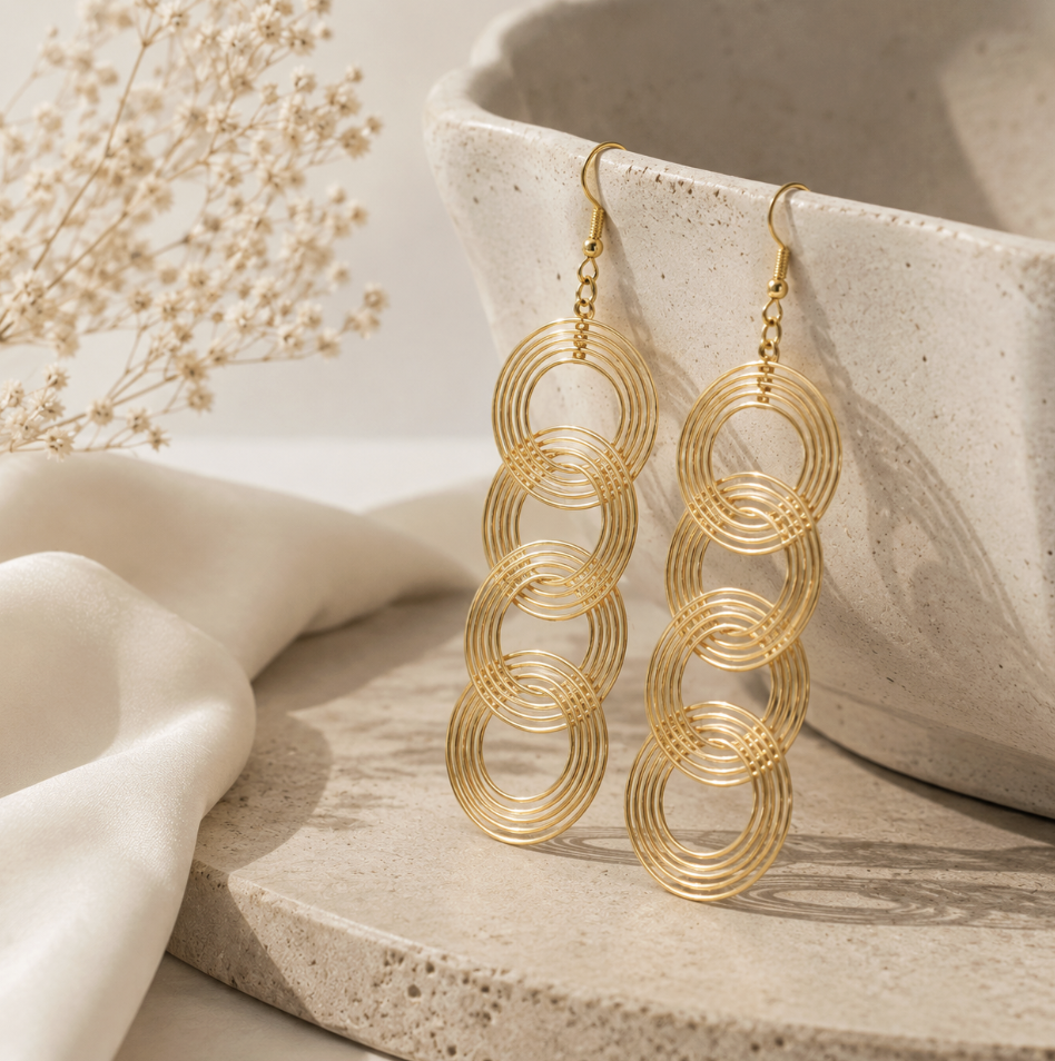 Gold Colour Spiral Circles in Circles Drop Earrings - Image 4