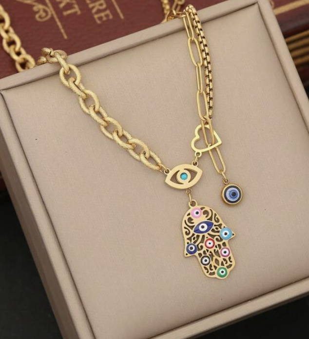 Gold Stainless Steel Oil Drip Buddha Hand Necklace - Image 5