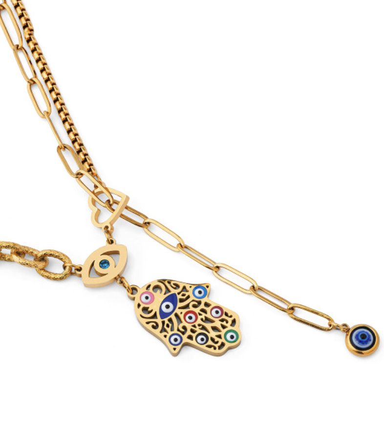 Gold Stainless Steel Oil Drip Buddha Hand Necklace - Image 4