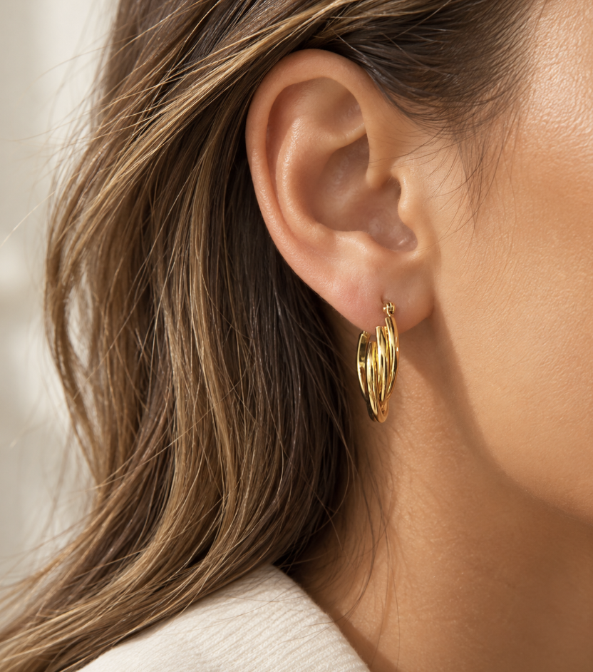 Gold Colour Stainless Steel Tri Oval Hoop Earrings - Image 2