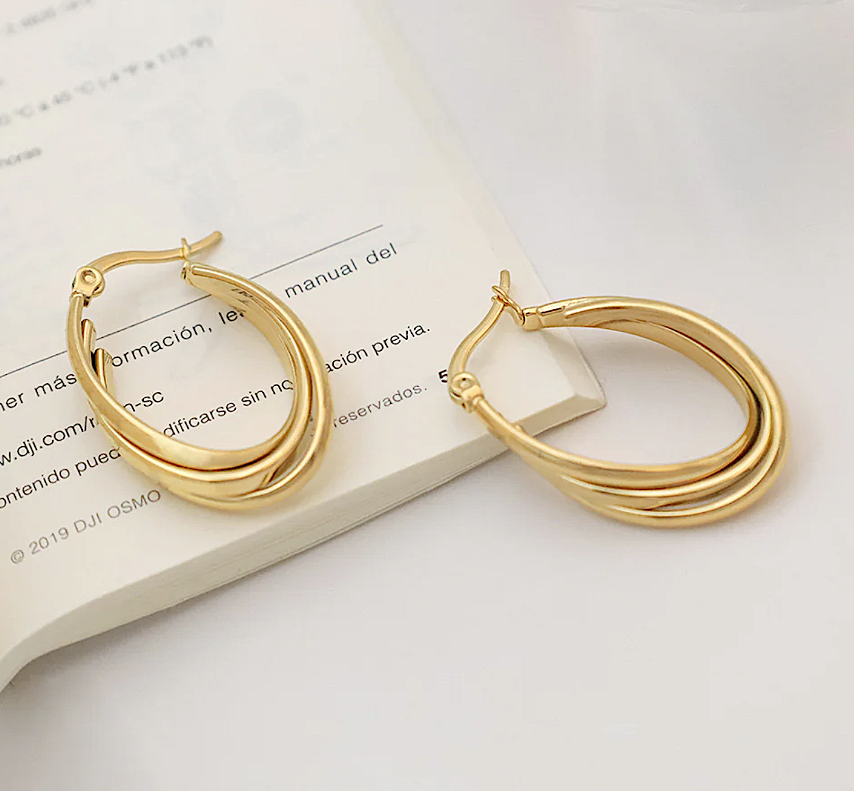 Gold Colour Stainless Steel Tri Oval Hoop Earrings - Image 3