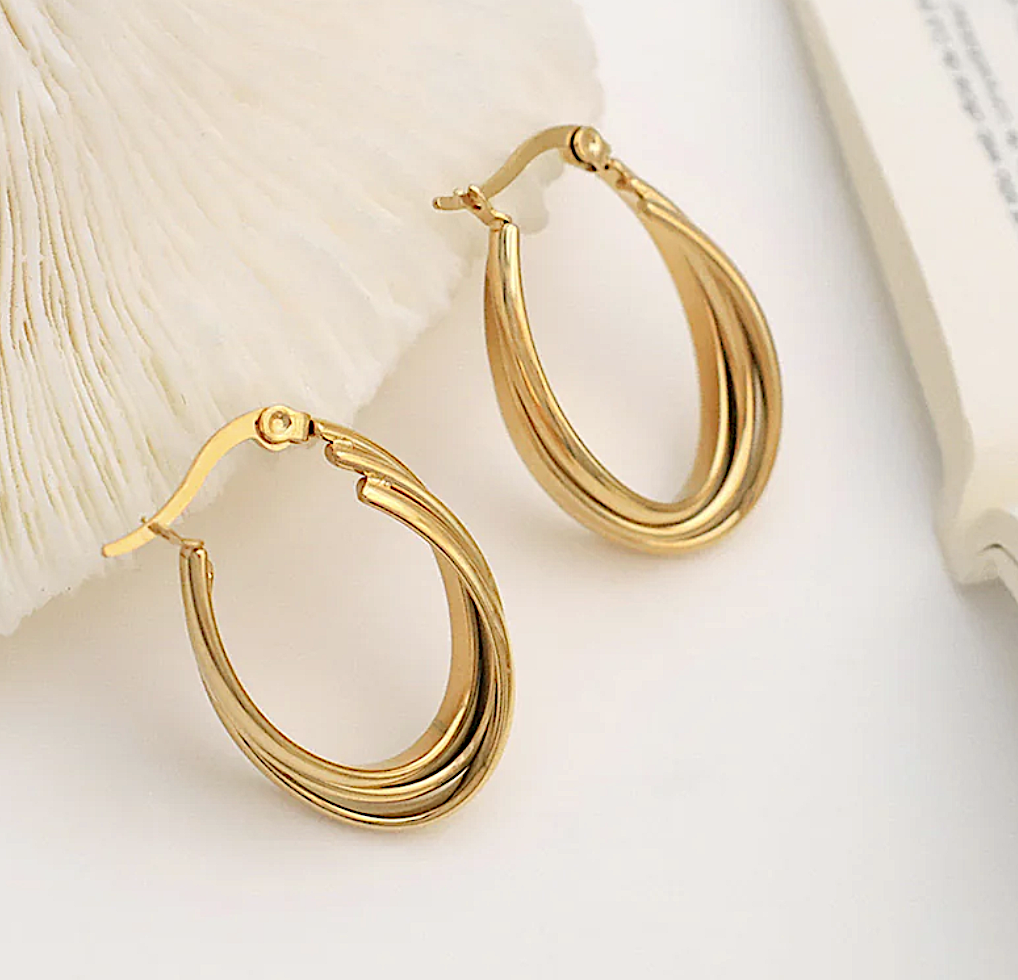 Gold Colour Stainless Steel Tri Oval Hoop Earrings - Image 4