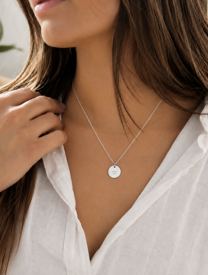 Silver Stainless Steel Heart Disc Pendant Necklace - Image 2