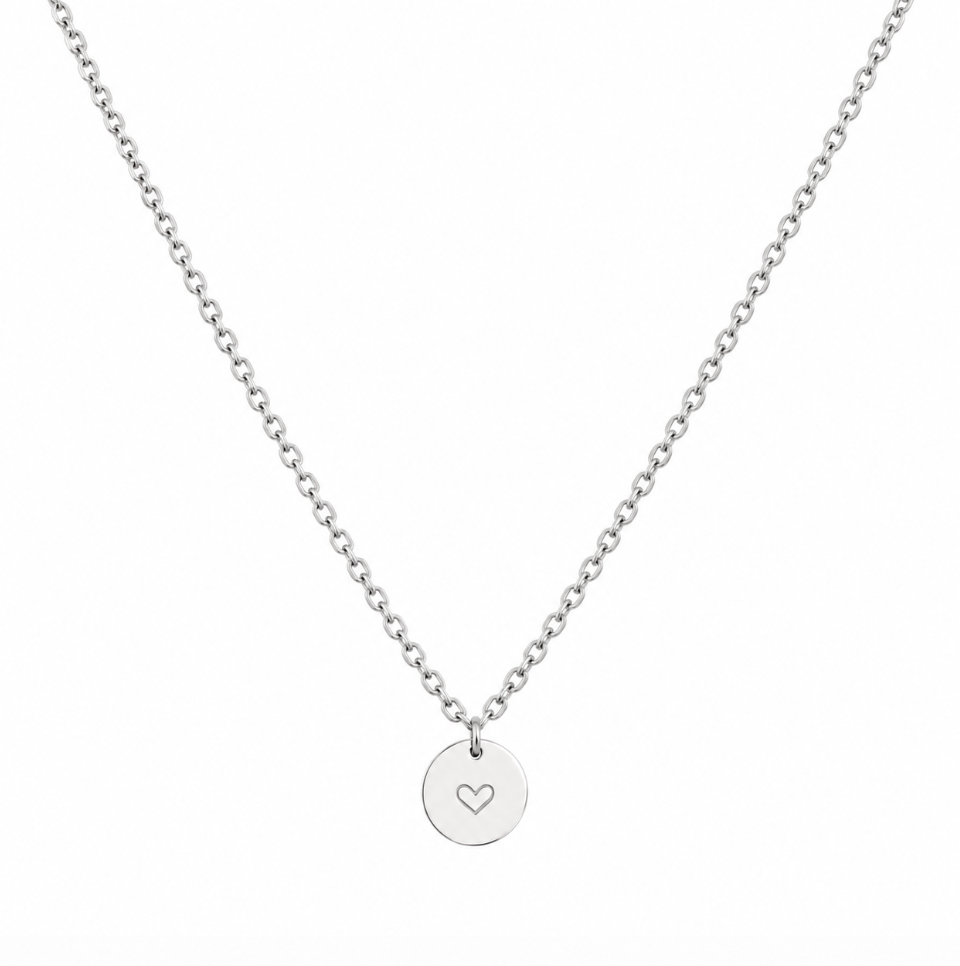 Silver Stainless Steel Heart Disc Pendant Necklace