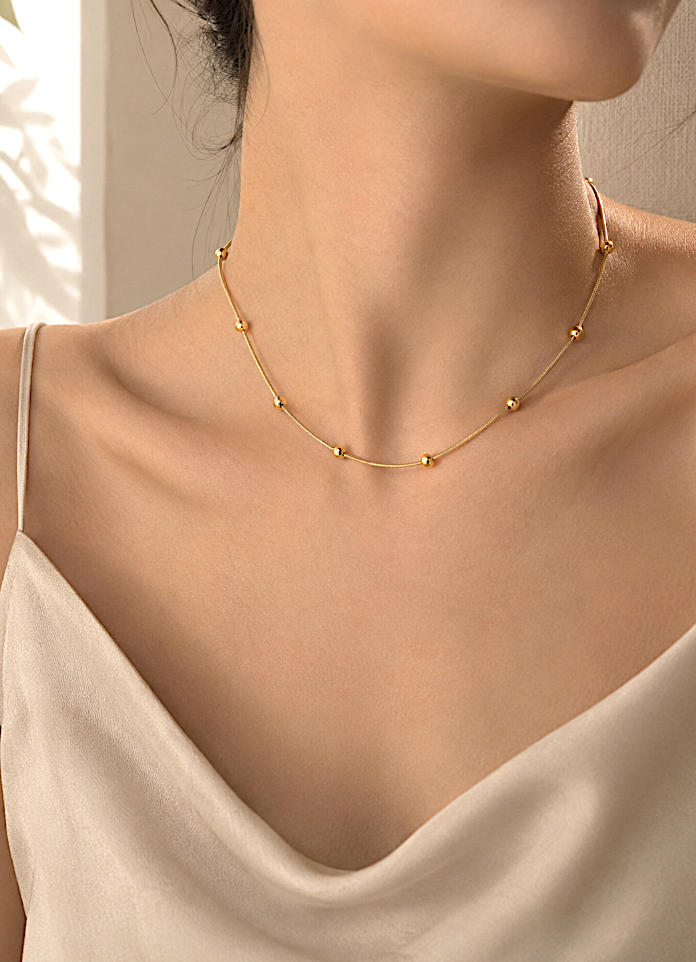Gold Colour Stainless Steel Beaded Accent Necklace - Image 2