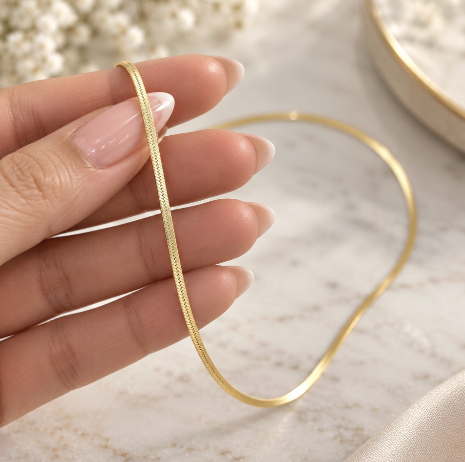 2mm Herringbone Snake Gold Stainless Steel Necklace - Image 4