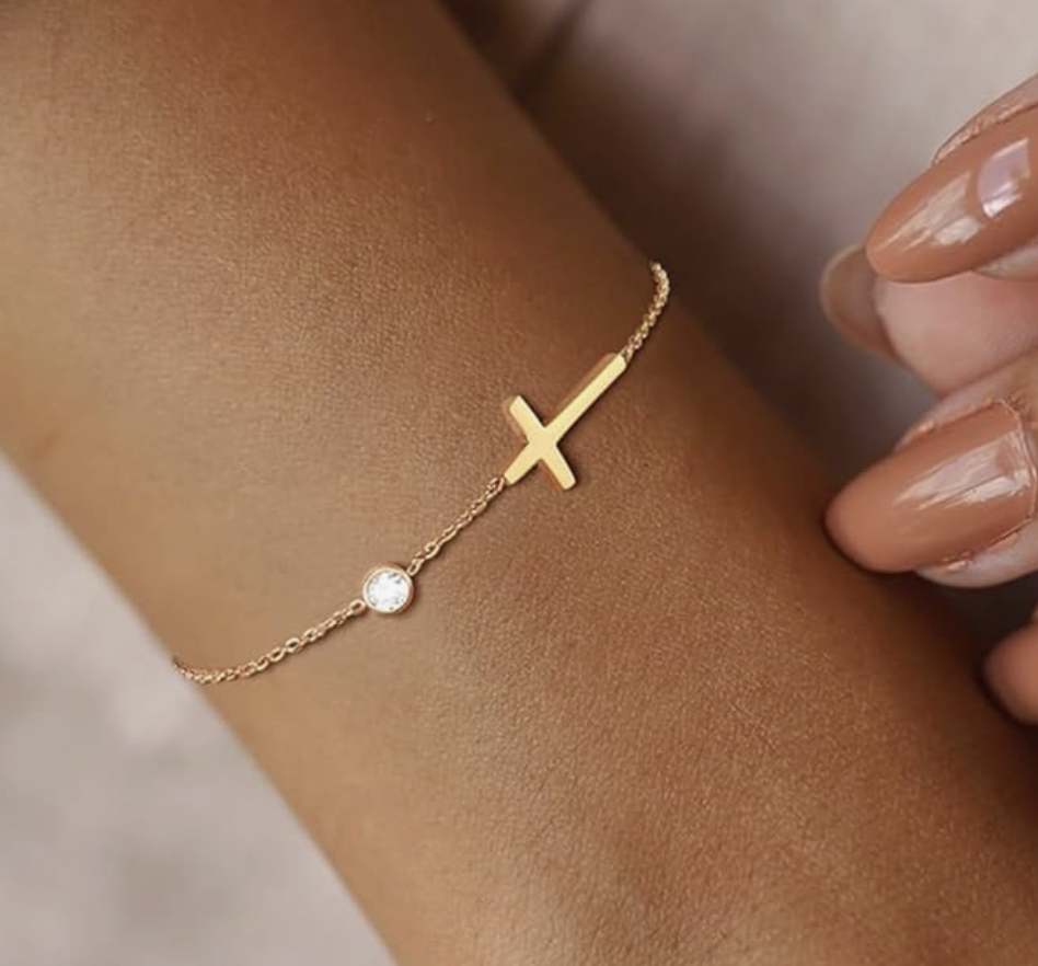 Gold Plated Stainless Steel Cross and Cubic Bracelet - Image 2
