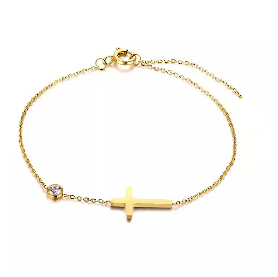 Gold Plated Stainless Steel Cross and Cubic Bracelet