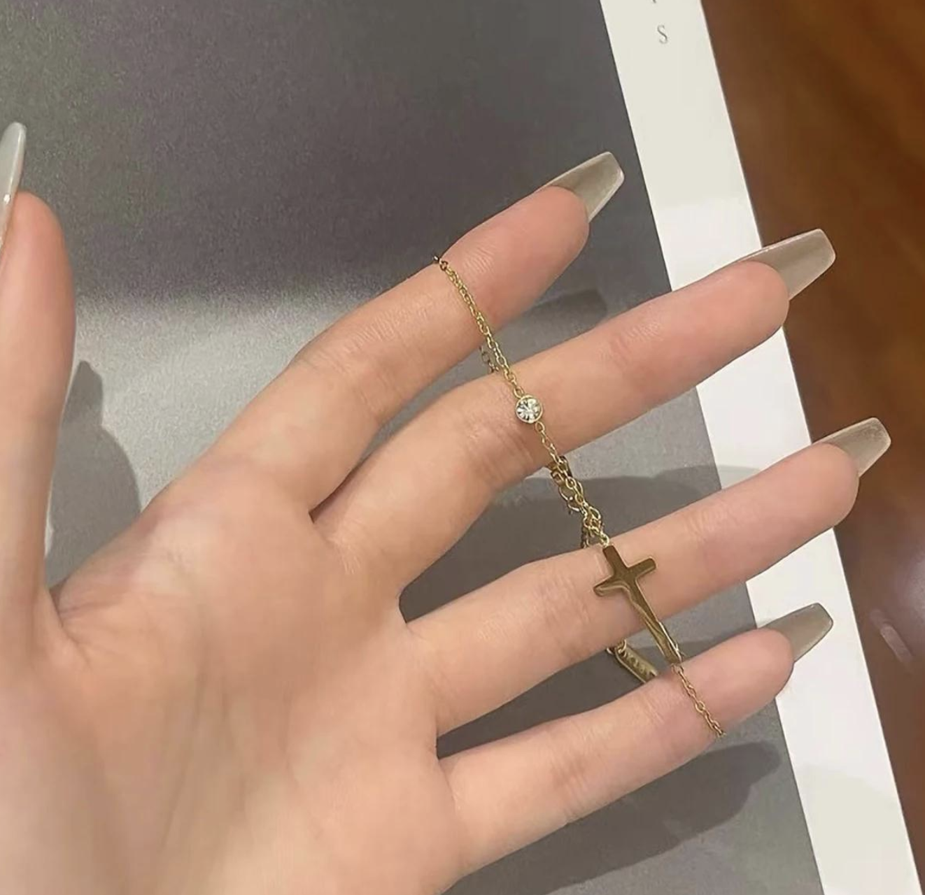 Gold Plated Stainless Steel Cross and Cubic Bracelet - Image 3