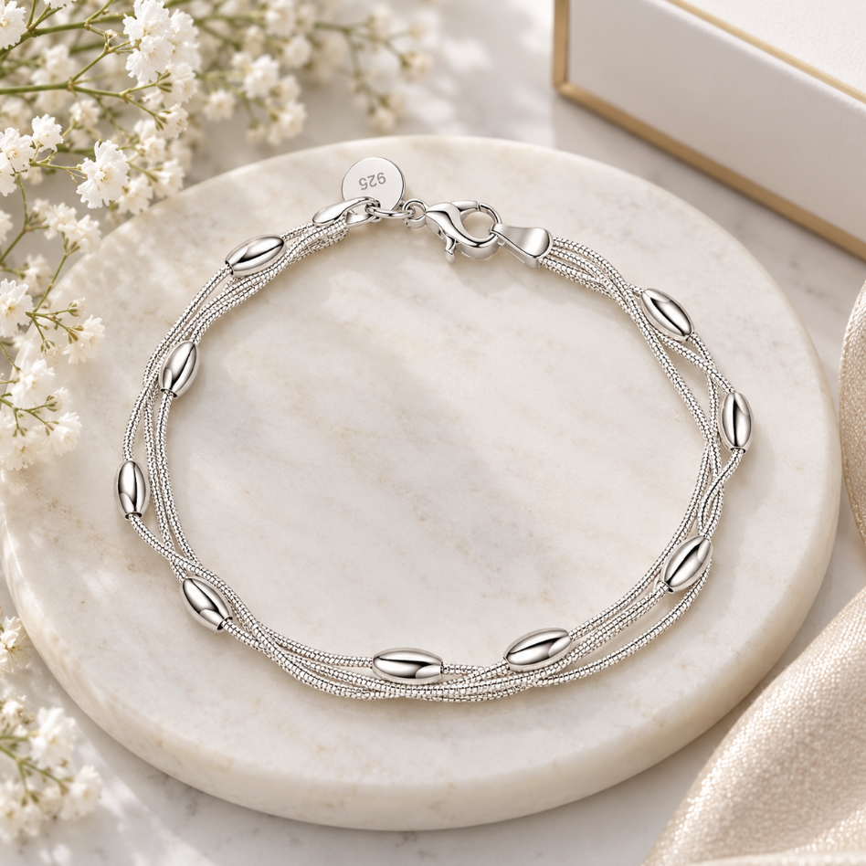 925 Silver Plated 3 Layer Snake Chain Bracelet - Image 3