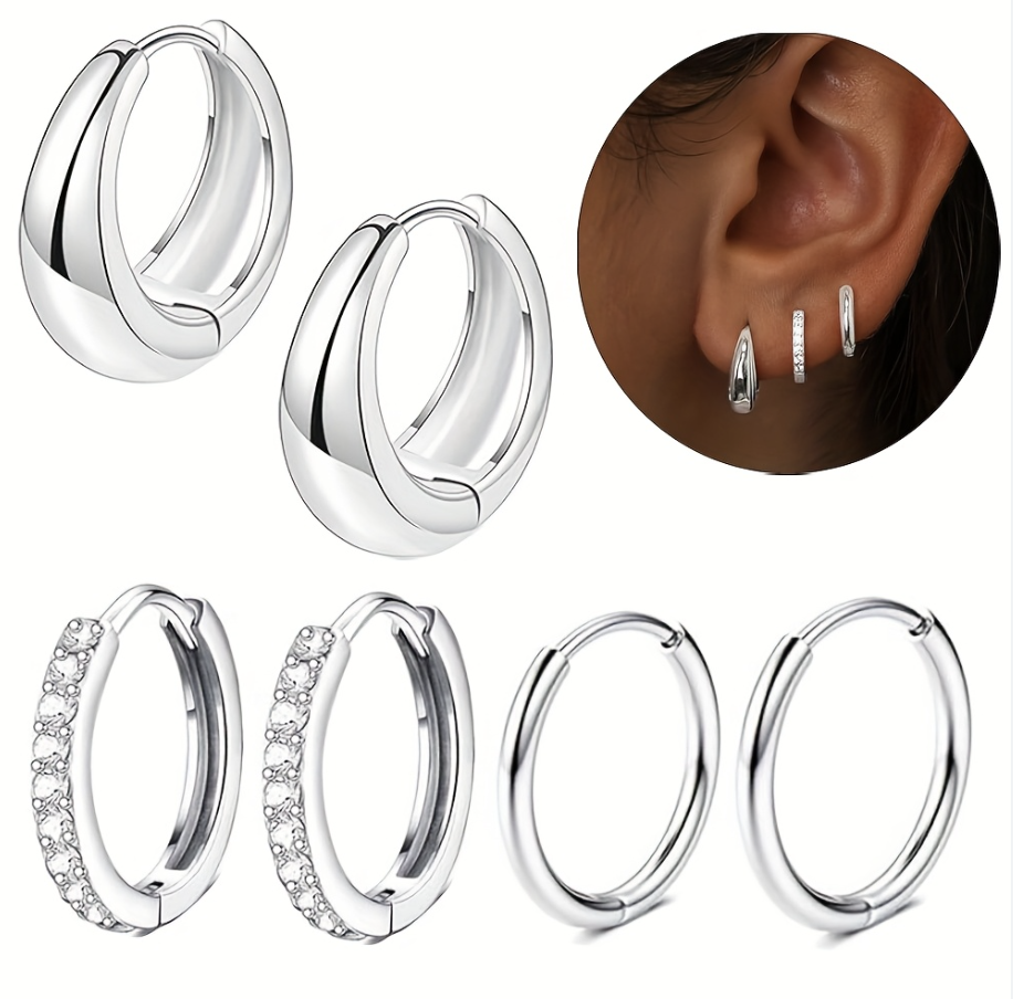 Set of 3 Dainty Silver Plated Huggy Hoop Earrings