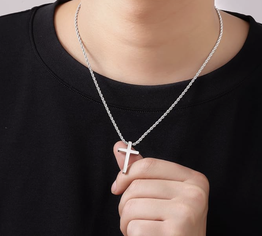 55cm Silver Cross Pendant on 316L Steel Rope Chain - Image 2
