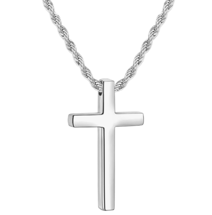 55cm Silver Cross Pendant on 316L Steel Rope Chain