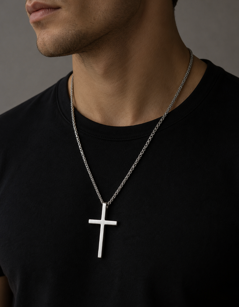 60cm Silver XL Cross Pendant on 316L Steel Box Chain - Image 2