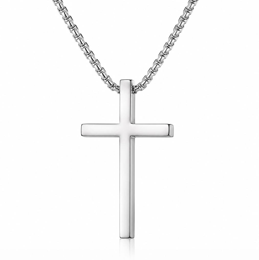 60cm Silver XL Cross Pendant on 316L Steel Box Chain
