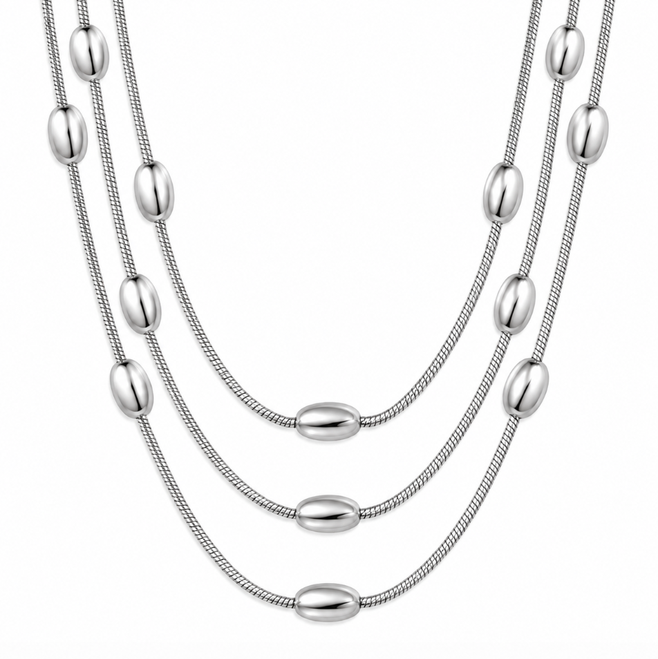 Silver Plated Multi Layered Oval Bead Necklace