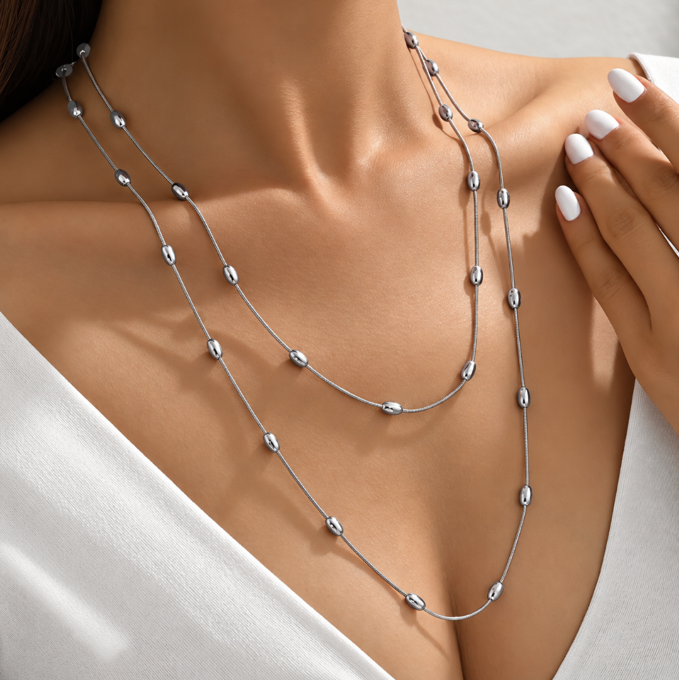 Silver Plated Multi Layered Oval Bead Necklace - Image 3