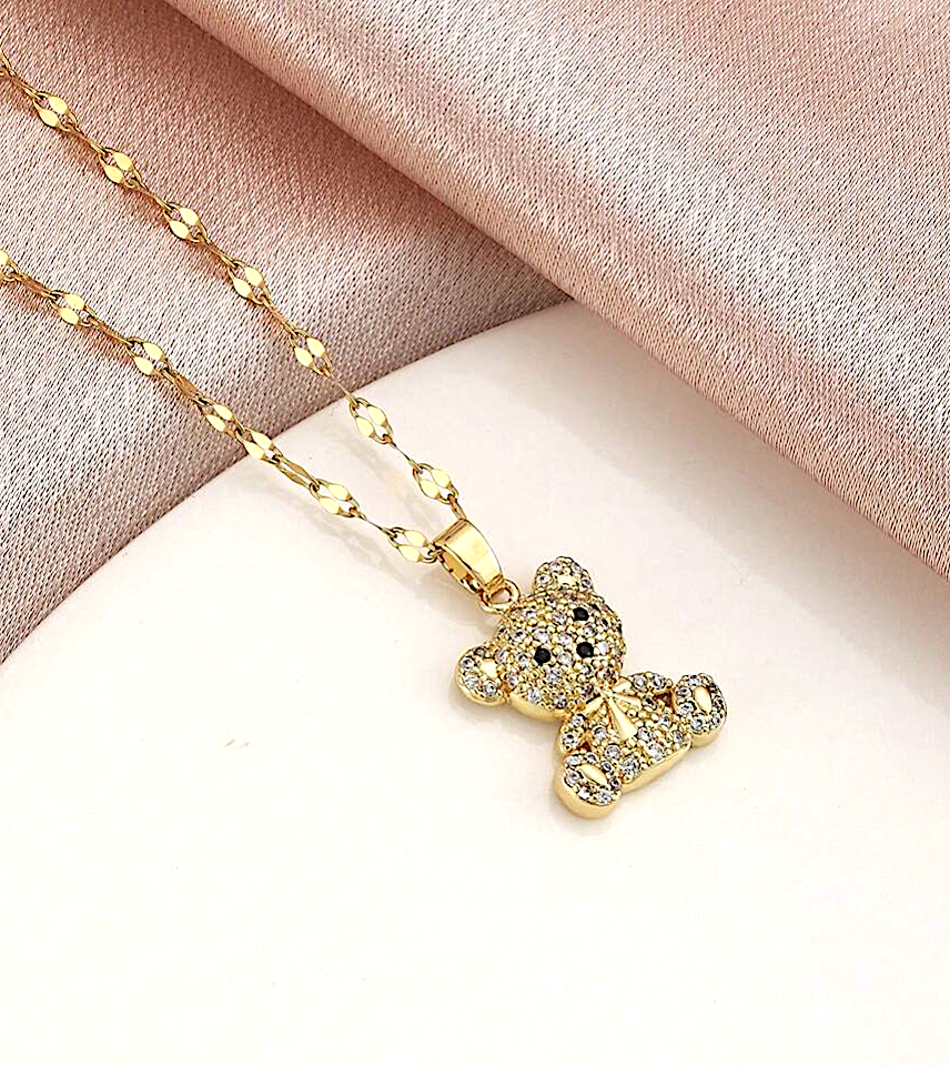 Gold Plated Crystal Teddy Bear Pendant Necklace - Image 2
