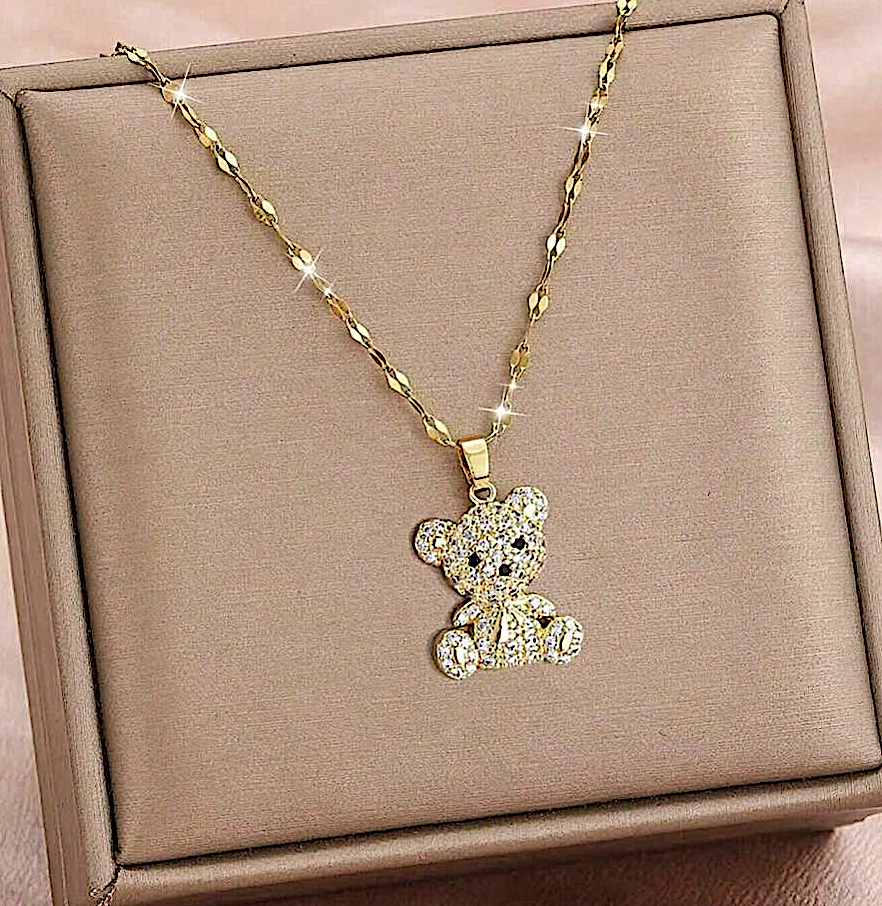 Gold Plated Crystal Teddy Bear Pendant Necklace - Image 3