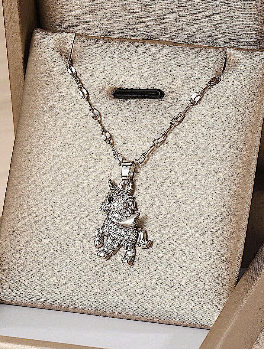 Silver Plated Crystal Unicorn Pendant Necklace - Image 2