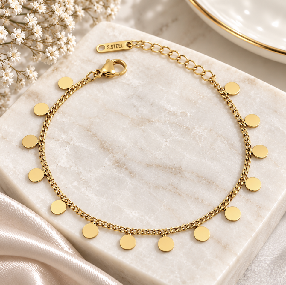 Gold Plated Tassel Disc Stainless Steel Bracelet - Image 3