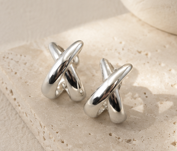 Everyday Silver Plated Criss Cross Design Earrings - Image 3