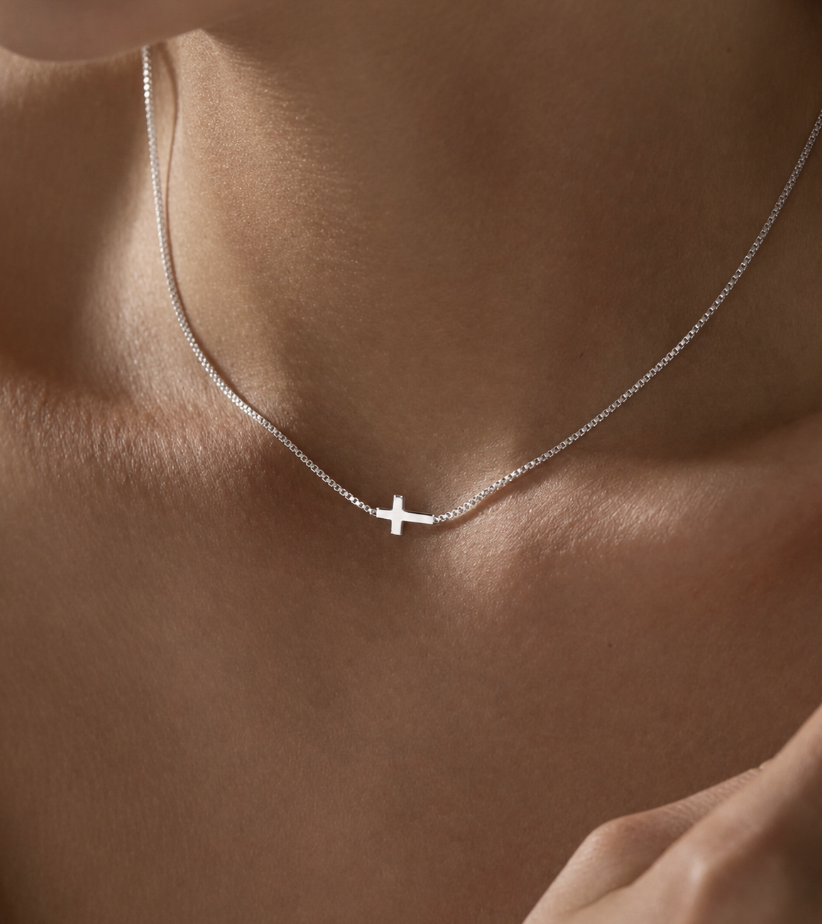 Silver Plated Stainless Steel Elegant Side Cross Necklace - Image 3