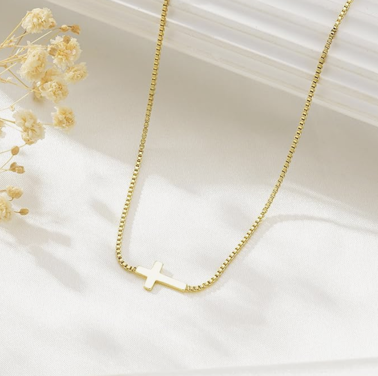 Gold Plated Stainless Steel Elegant Side Cross Necklace - Image 5