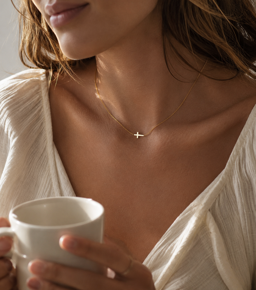 Gold Plated Stainless Steel Elegant Side Cross Necklace - Image 3
