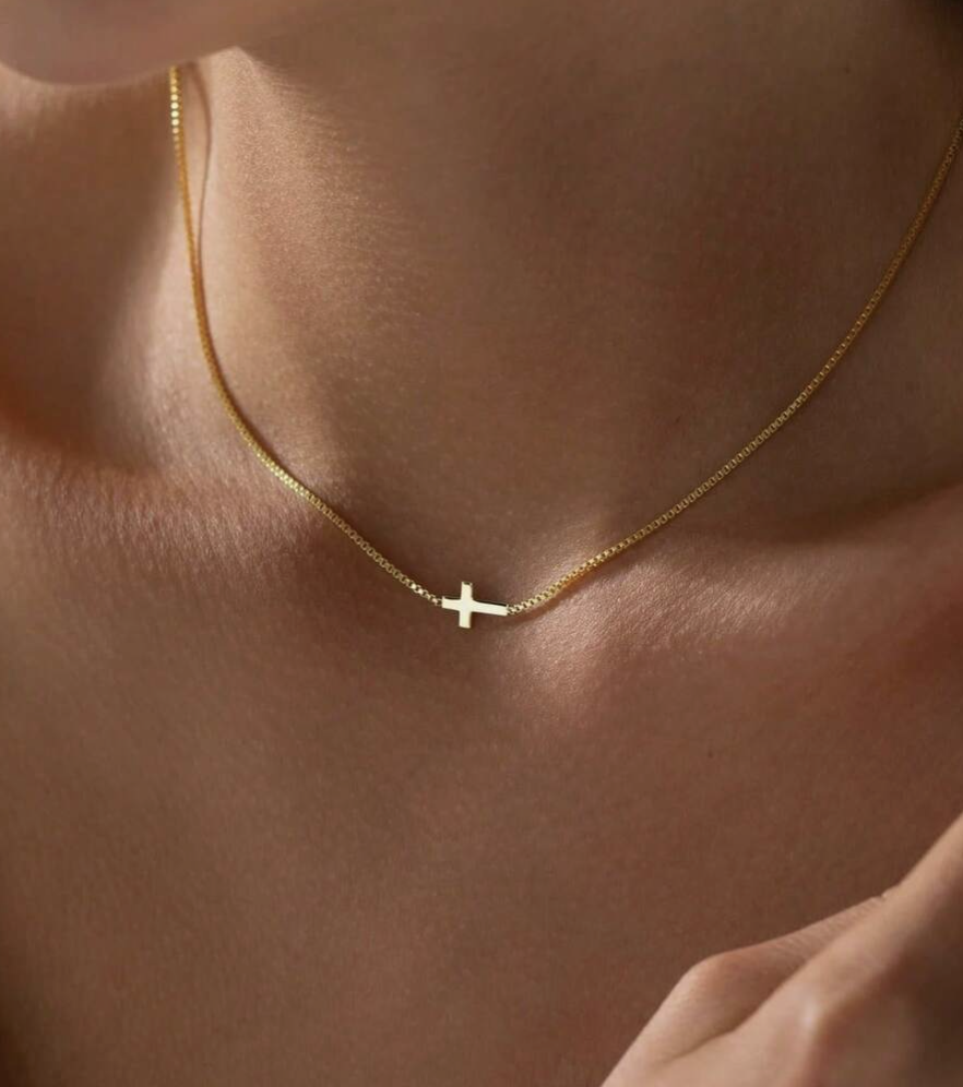 Gold Plated Stainless Steel Elegant Side Cross Necklace - Image 2